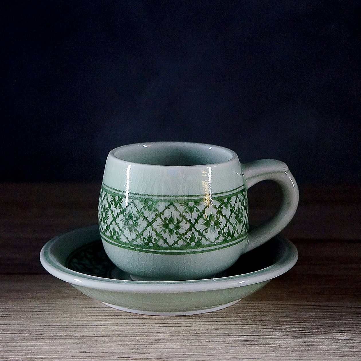 ชุดแก้วกาแฟ - เพ้นท์ลายไทย - สีเขียวศิลาดล